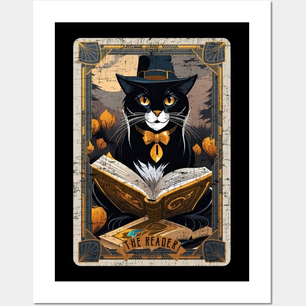 The Reader Retro Black Cat Halloween Tarot Card Wall Art by DanielLiamGill